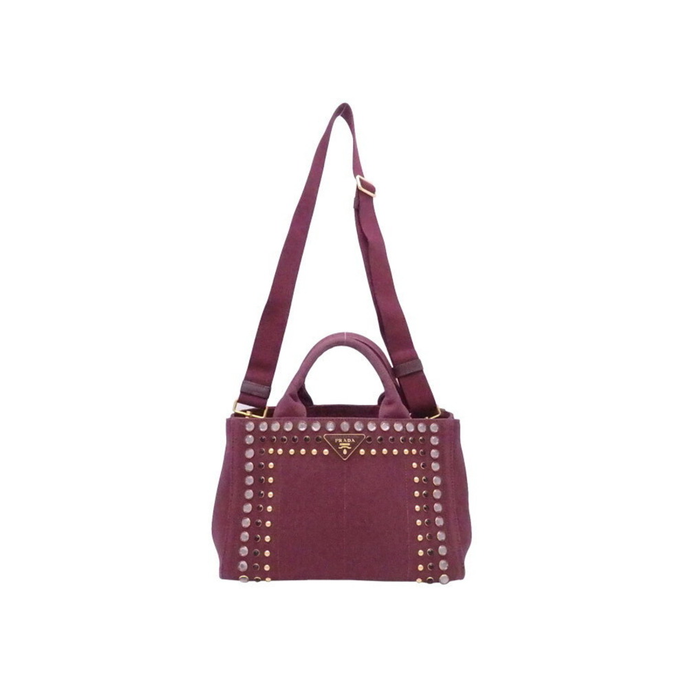 Prada Red Bag Canvas Gold Burgundy Studs Handbag Shoulder Canapa